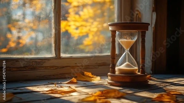 Fototapeta Golden autumn leaves and an hourglass on a windowsill create a serene moment in a rustic setting during fall