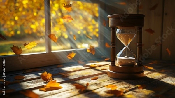 Fototapeta Autumn sunlight streaming through a window with an hourglass and falling leaves on a wooden table