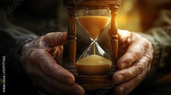 Fototapeta Hands gently hold a wooden hourglass filled with golden sand in soft light, symbolizing the passage of time