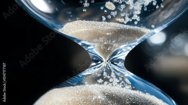 Fototapeta Close-up view of an hourglass with sand flowing from top to bottom during a quiet moment in a dimly lit room