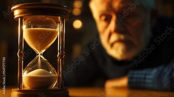 Fototapeta Elderly man reflects on time while watching sand through an hourglass in a cozy room during the evening hours