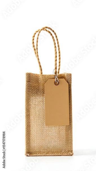 Fototapeta A single burlap gift bag with a blank tag hanging in front