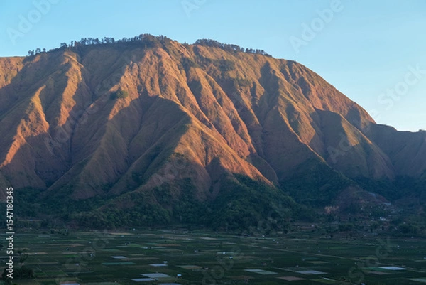 Fototapeta Majestic view of Pergasingan Hill glowing under soft morning light, seen from Selong Hill in Sembalun, Lombok—where dramatic ridgelines meet tranquil rural charm.