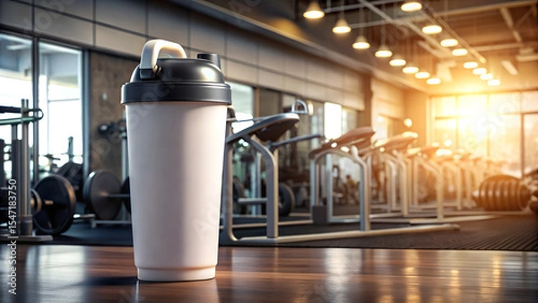 Obraz Protein shaker in a gym with treadmills and weightlifting equipment