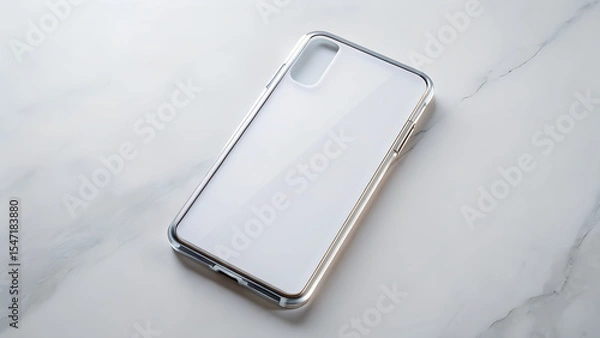 Fototapeta Clear Phone Case on a White Marble Surface for Mockup and Design