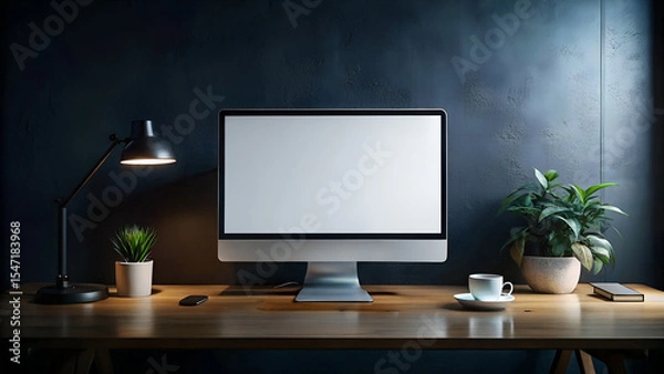 Fototapeta Modern Workspace with Blank Computer Screen Lamp Plants and Coffee Cup