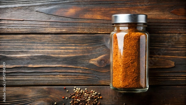 Fototapeta Spice Jar and Pepper on Rustic Wood Background with Copy Space