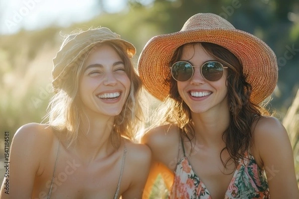 Fototapeta Girlfriends laughing together under the summer sun, enjoying a relaxed and fun-filled day outdoors, Generative AI