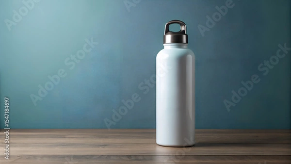 Obraz Reusable water bottle on a wooden surface against a textured blue background