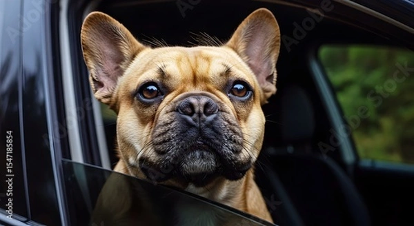 Fototapeta french bulldog puppy, Focused French Bulldog on a highway journey, taking in the world from the car window.