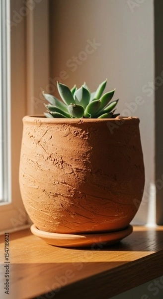Fototapeta Sunlit Succulent in Rustic Terracotta Pot on Wooden Sill