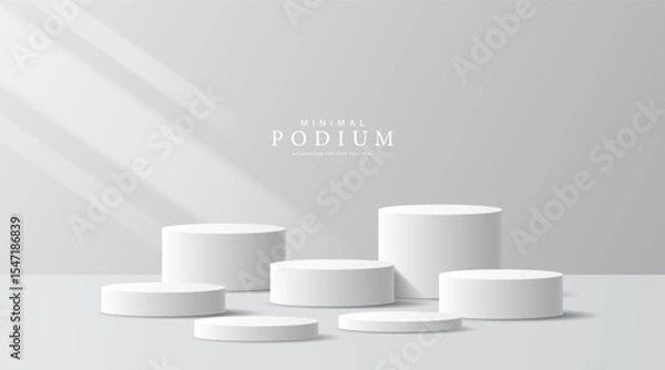 Obraz 3D product Minimal display stand, white circle on gray background. Abstract geometric shapes in a simple design. Fashion stage mockup scene. Studio product display stand. Product advertising stand