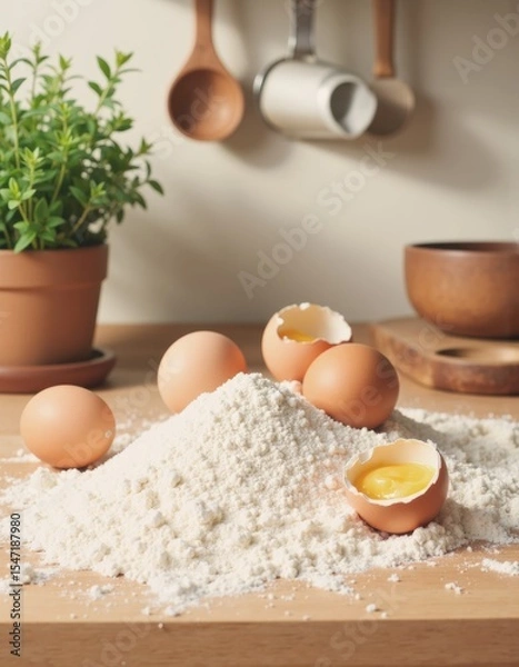 Fototapeta Spilled flour and broken eggs on a kitchen counter, creating a messy scene