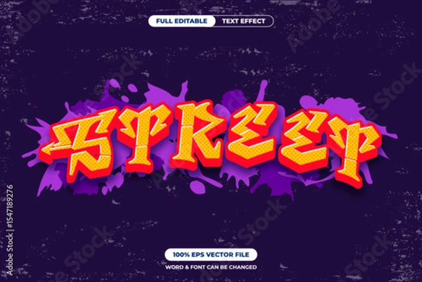Fototapeta Bold graffiti street art text with a retro comic style, red-yellow color combo, halftone texture, and purple paint splashes. Editable vector perfect for posters and urban design