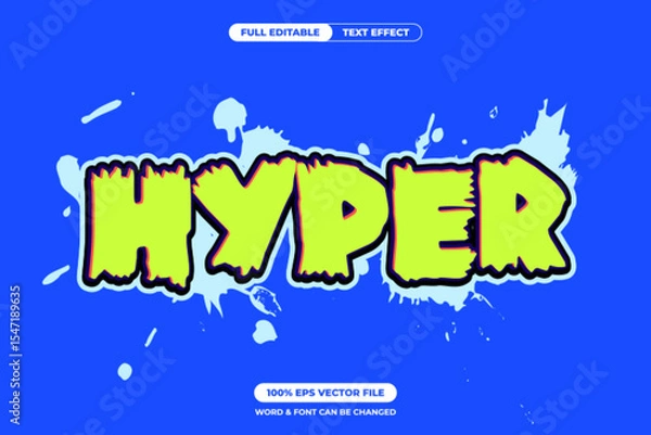 Fototapeta Graffiti style HYPER text with bright lime green fill, bold black outline, and blue splash background. Editable EPS vector perfect for youth design, street art, or energetic branding