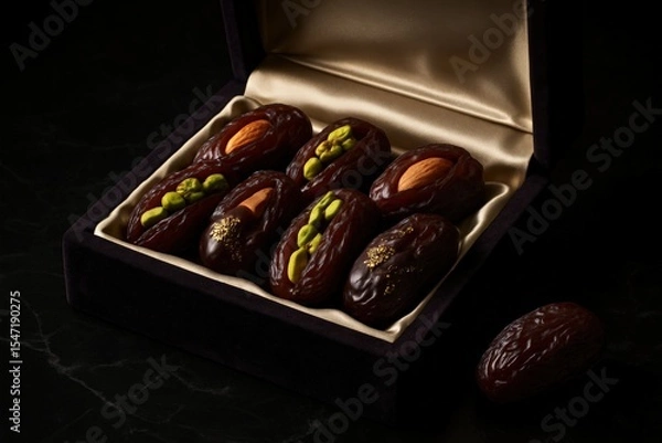 Fototapeta Stuffed Dates with Almond and Pistachio in Box