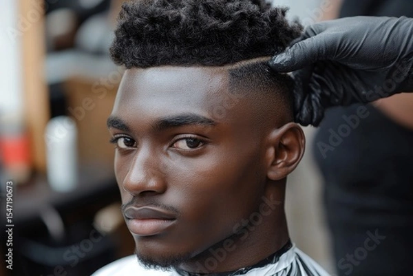 Obraz Man getting a trendy haircut at a stylish barber shop,  a fresh and fashionable look, Generative AI