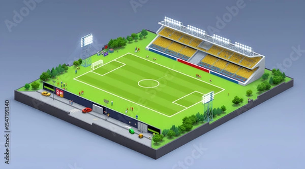 Fototapeta Isometric Soccer Stadium Illustration with Players Spectators and Surrounding Environment