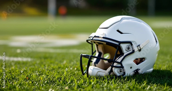 Obraz American football helmet resting on the grass of a vibrant green field