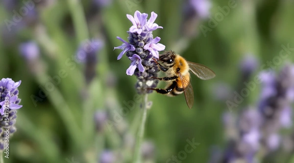 Fototapeta Honeybee collecting pollen from lavender flowers in a summer garden