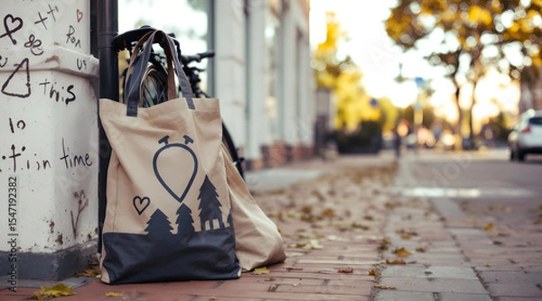 Obraz Stylish Tote Bag Leaning Against a Bicycle on a City Street