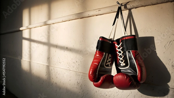 Fototapeta Red and Black Boxing Gloves Hanging on a Wall with Sunlight