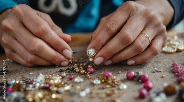 Fototapeta Jeweler working on a handmade earring with various beads and gemstones