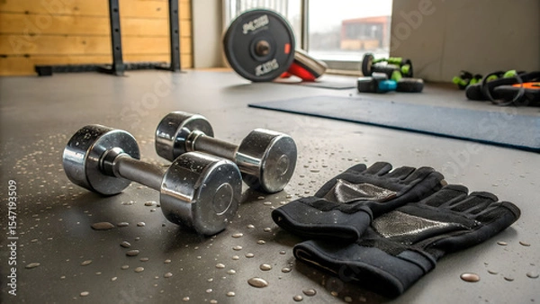 Obraz Gym Equipment on Floor with Water Droplets After Workout Session