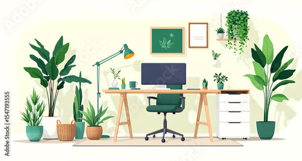 Obraz Home office interior with plants desk computer chair and decoration