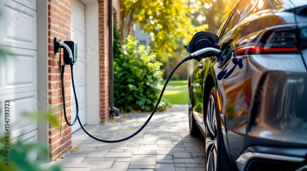 Obraz Electric Car Charging at Home on a Sunny Day in the Suburbs