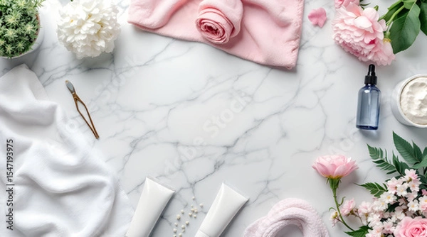 Obraz Elegant beauty and skincare product arrangement on a marble surface with flowers