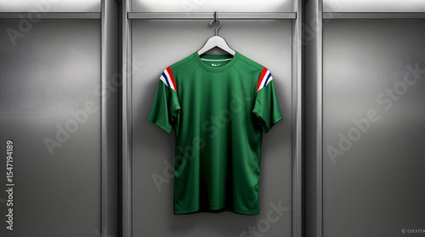 Obraz Green Jersey with Red White and Blue Stripes Hanging in Locker Room