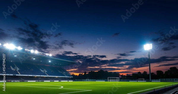 Fototapeta Empty Football Stadium at Dusk with Bright Lights and Colorful Sky