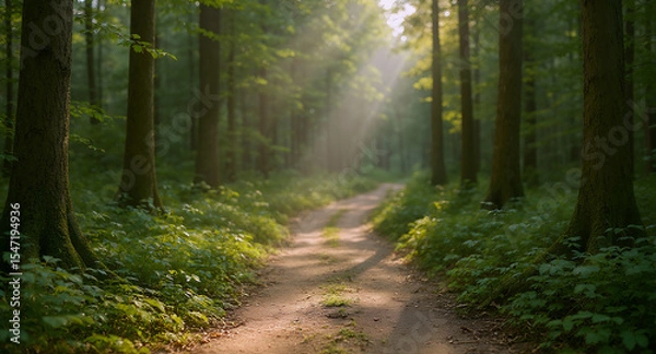 Fototapeta Sunlight Filtering Through a Dense Forest Canopy Illuminating a Dirt Path