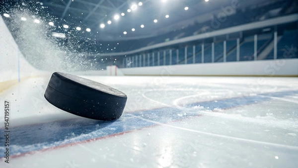 Obraz Hockey puck hitting ice on rink with spray in a stadium