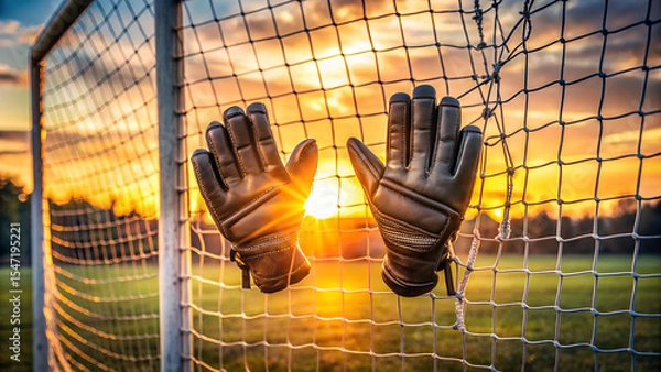 Obraz Goalkeeper Gloves Hanging on Net with a Beautiful Sunset Background