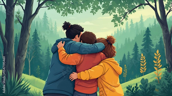 Fototapeta Three Friends Embracing in a Forest Showing Unity and Togetherness in Nature