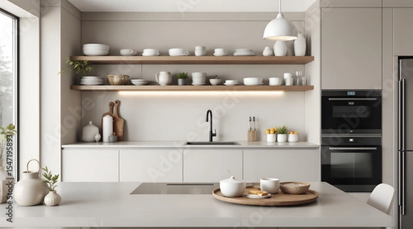 Obraz Modern Kitchen Interior with Open Shelving and Neutral Color Palette