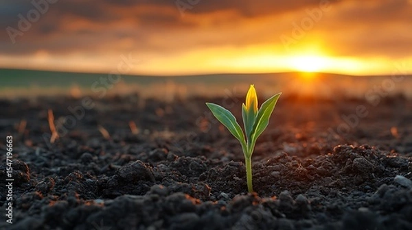 Fototapeta Emerging life small sprout growing from arid soil against dramatic sunset backdrop symbolizing resilience hope and new beginnings