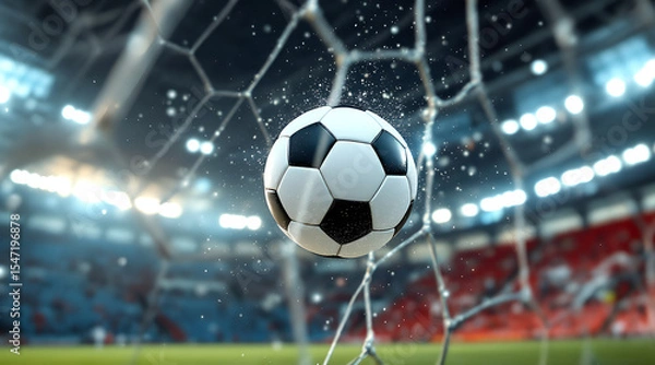 Fototapeta Soccer ball hits the net in a stadium with spectators cheering