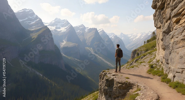 Fototapeta Man with Backpack Enjoys the View of Snow Capped Mountain Range