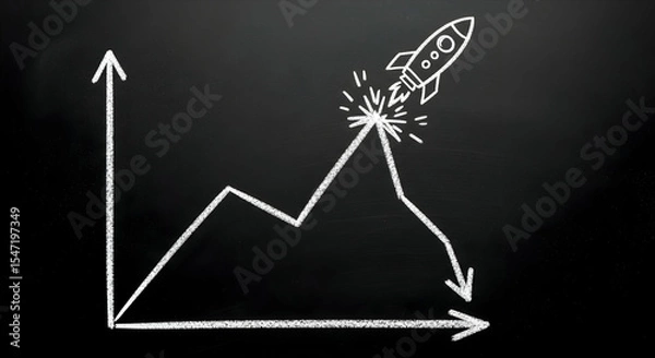 Fototapeta Chalkboard drawing of a graph with a rocket launching from a peak, then plummeting