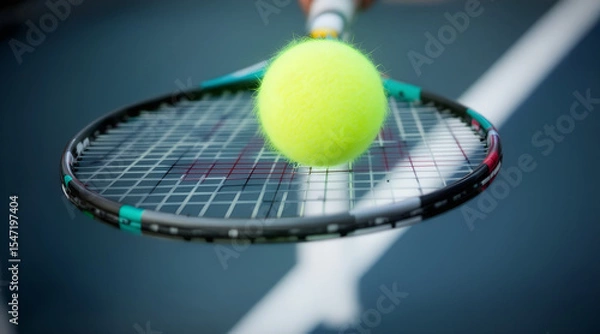 Fototapeta Close up of a tennis ball resting on a tennis racket