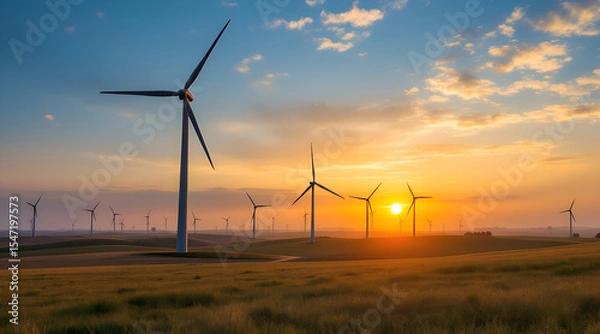 Fototapeta Wind Turbines in a Field at Sunset Generating Renewable Energy