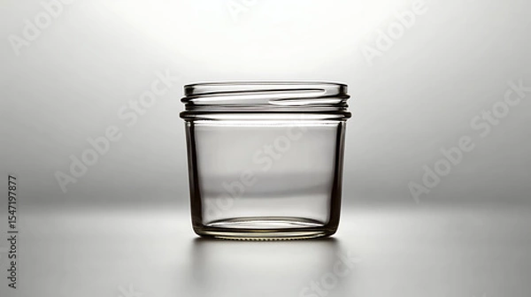 Fototapeta Empty clear glass jar with lid threads and minimalist studio lighting on gray backdrop