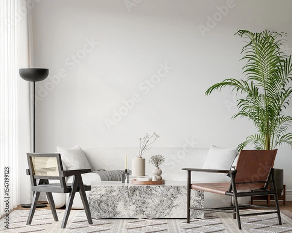 Obraz Japandi Interior Living Room with Cozy Sofa & Armchair, Light Furniture, Textured Rug, Indoor Plants and Table with Decoration - 3d Rendering

