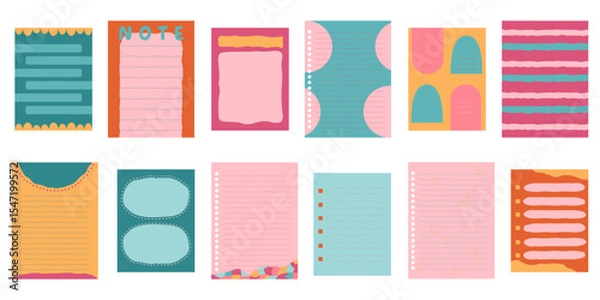 Fototapeta Vibrant color sticky paper notes for daily planner, hand drawn memo sheet stickers. Pins and paper clips, paper note, to-do list and reminder, blank diary pages set. pink green yellow.