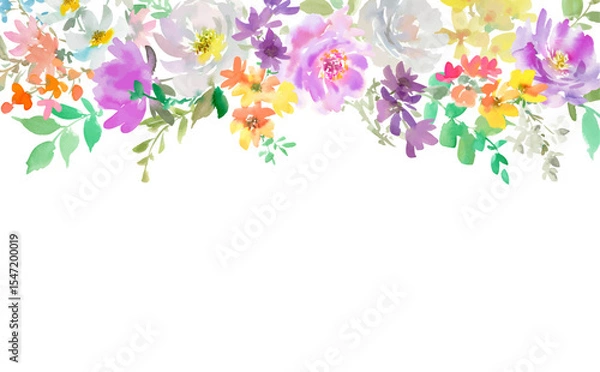Obraz Vector frame of abstract purple and white peonies and wildflowers painted in watercolor. Hand-drawn floral drop background with transparent background.