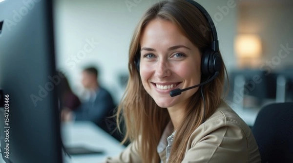 Fototapeta Portrait of a woman working in customer service at a call center.