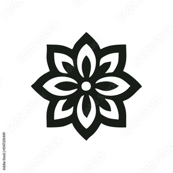 Fototapeta Geometric Eight-Petal Flower Logo — Minimal Black and White Mandala Emblem,A refined vector logo featuring a black symmetrical flower composed of eight pointed petals with hollow centers, radiating ar
